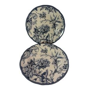 Lot of 2 222 Fifth Adelaide Blue White Toile Salad Plates 8.5" Birds Floral